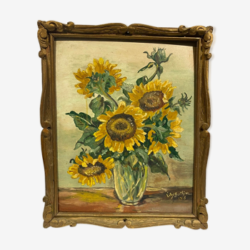 Tableau ancien , nature morte aux tournesols, signé, daté 1955