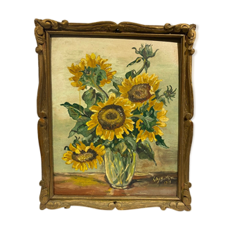 Old painting, still life with sunflowers, signed, dated 1955