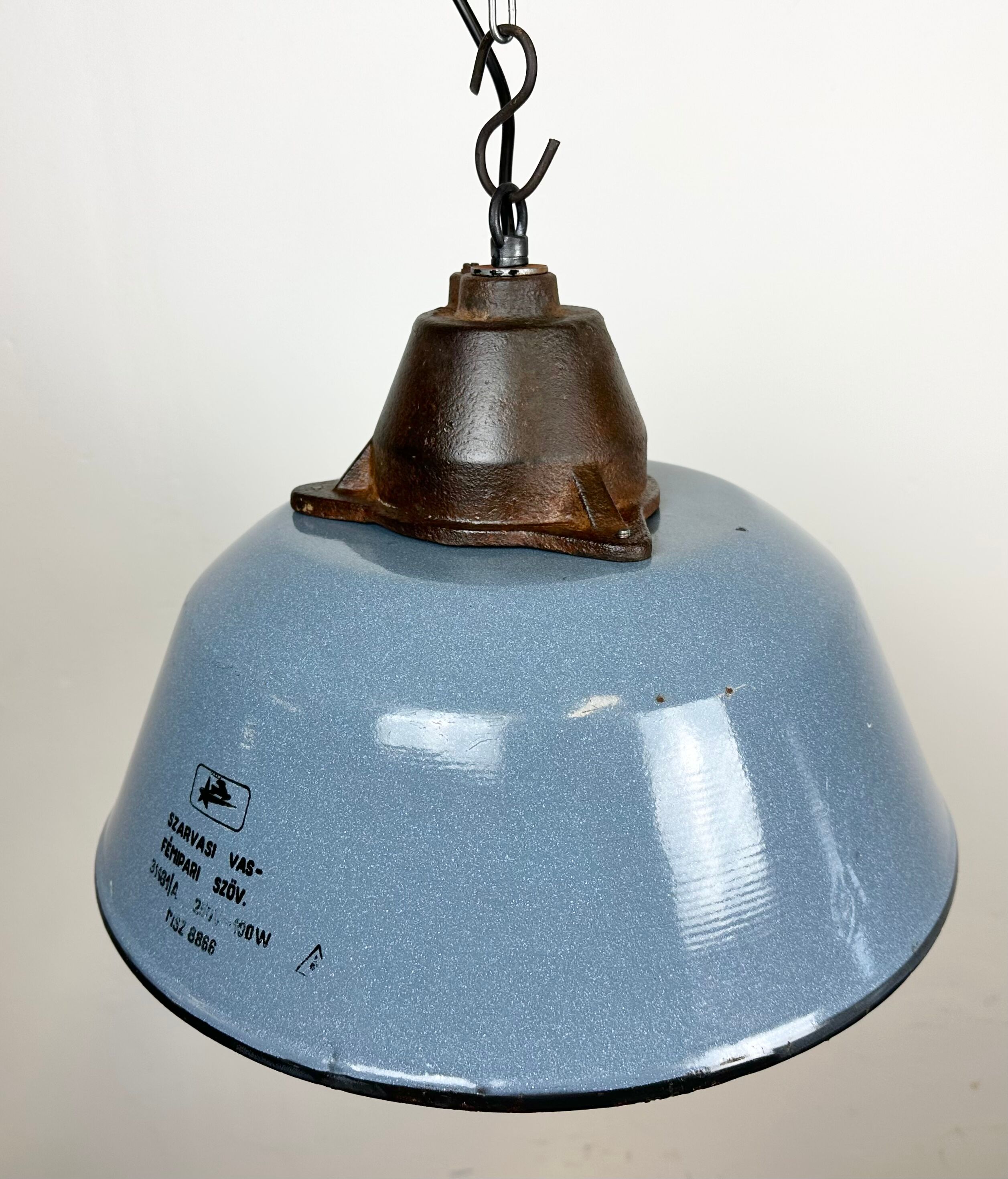 Industrial Grey Enamel and Cast Iron Pendant Light with Glass Cover, 1960s