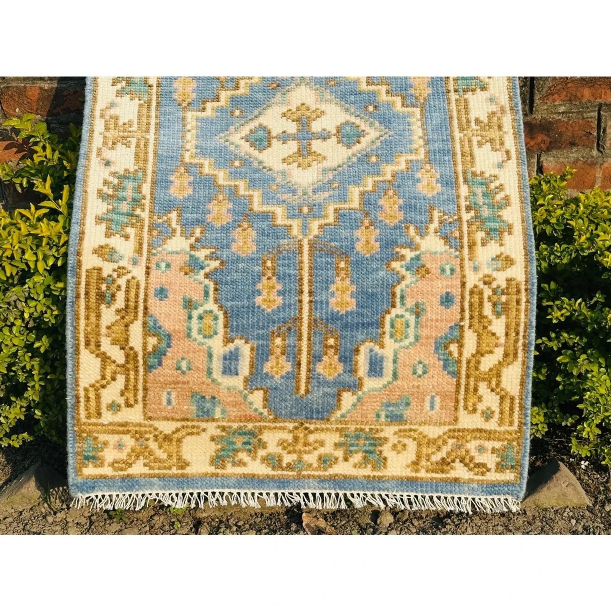 Hand-Knotted Oushak Wool Area Rug, Blue Medallion Design Accent Rug for Entryway