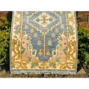 Hand-Knotted Oushak Wool Area Rug, Blue Medallion Design Accent Rug for Entryway