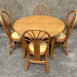 Ensemble table et chaises Exodia, bois et rotin, années 80