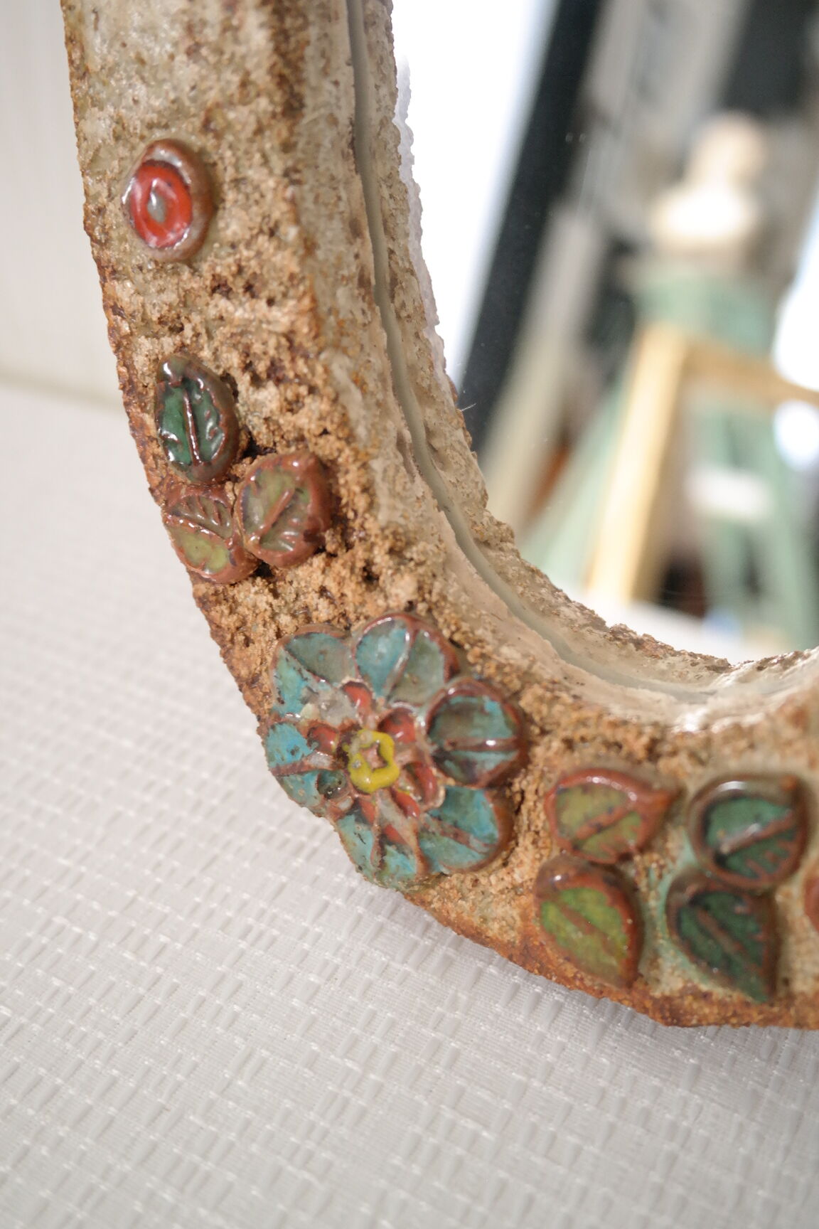 Vallauris ceramic mirror decorated with flowers, circa 1960