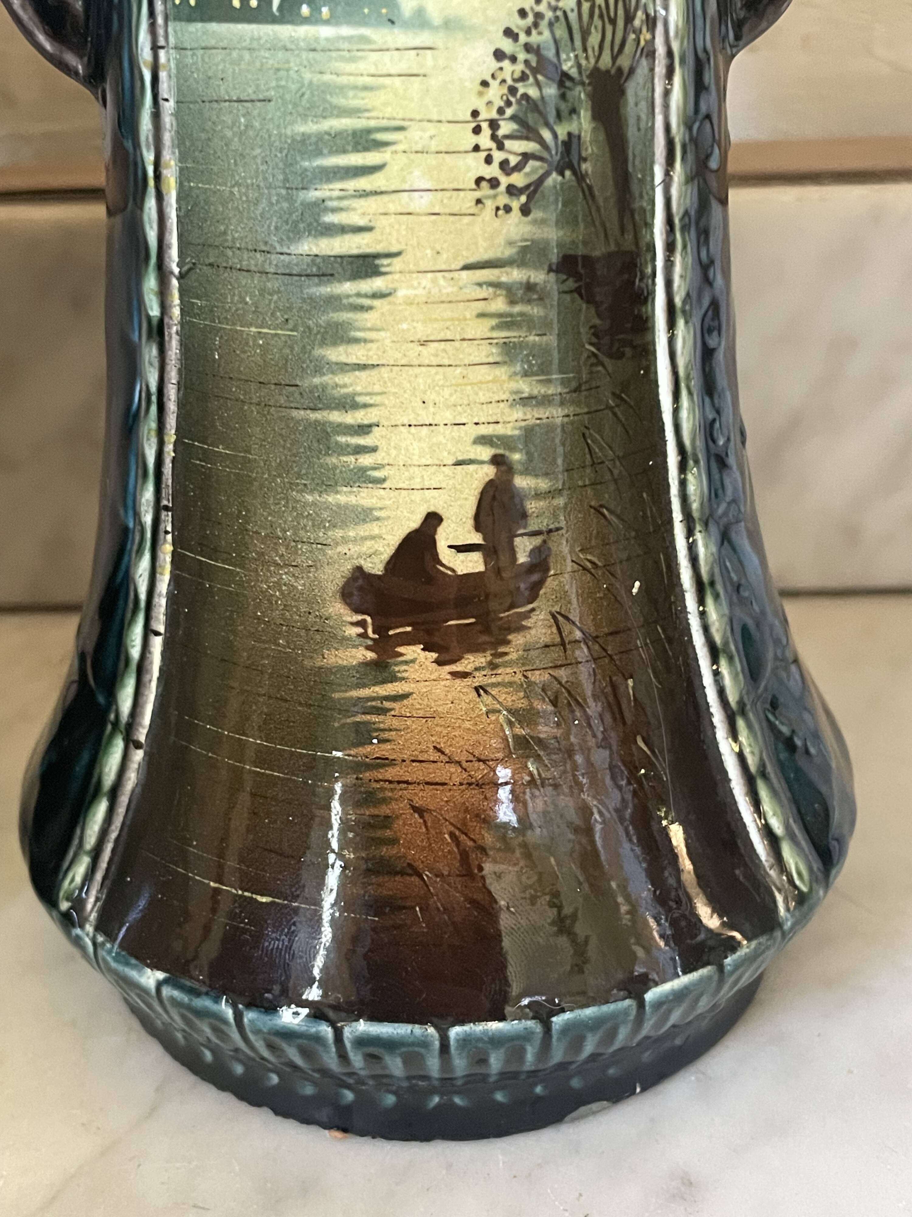 Pair of Art Nouveau slipware vases, hand-painted decoration.