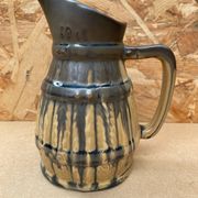Antique Barrel Shaped Pitcher Glazed Stoneware Beige & Blue Vintage Service