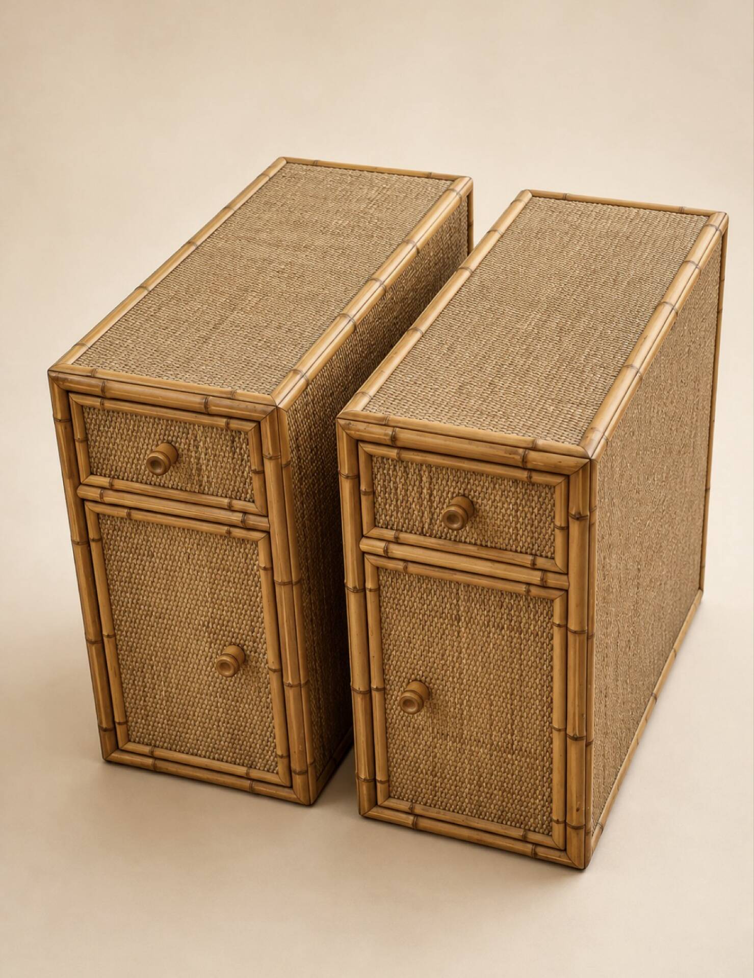 Pair of side tables / Bamboo and cane bar furniture (1970s)