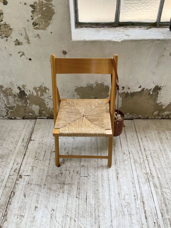 Chaise pliante hêtre et paille années 80