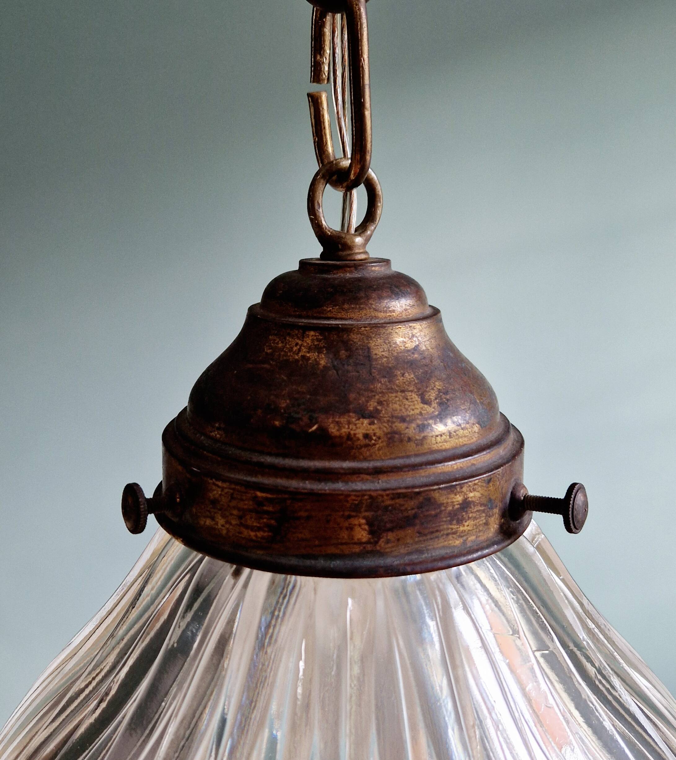 Large Holophane pendant light in transparent grooved glass