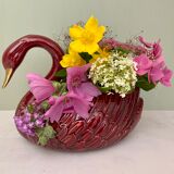 Vintage swan pot cover in red and gold ceramic