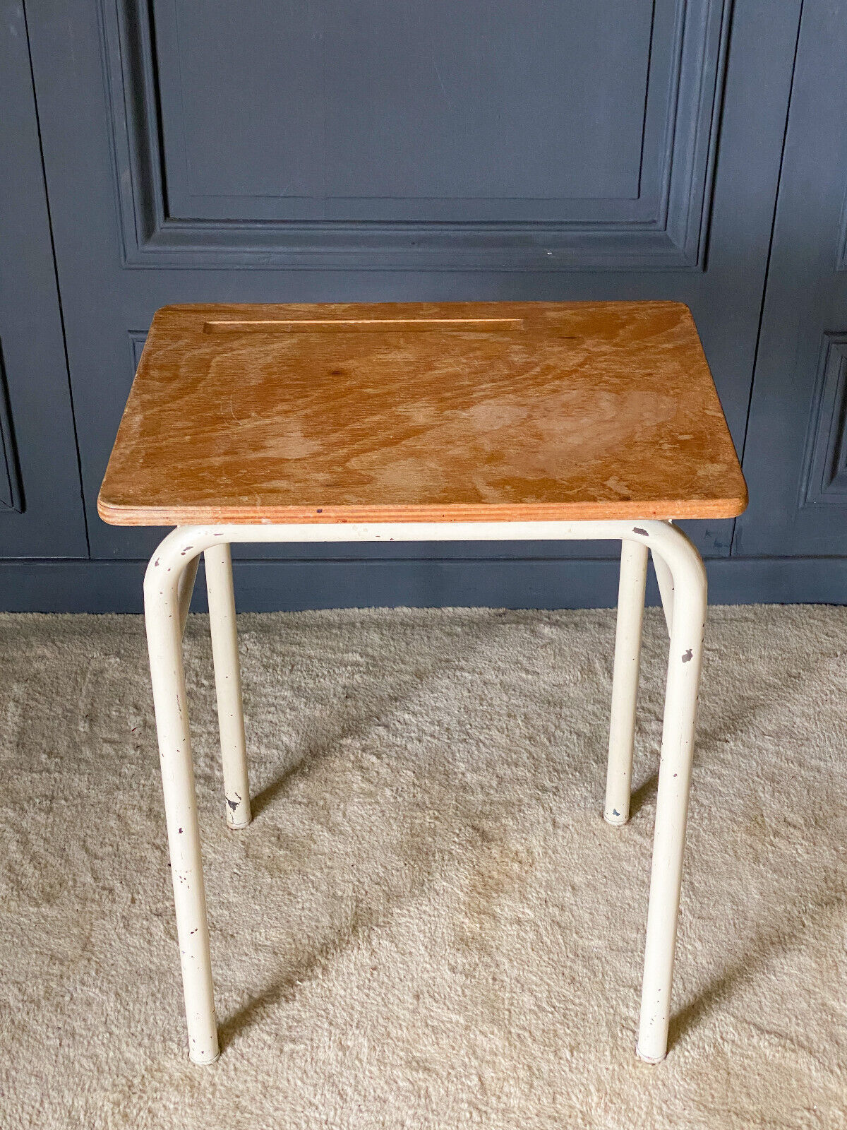 School desk 1960 white lacquered metal wooden top
