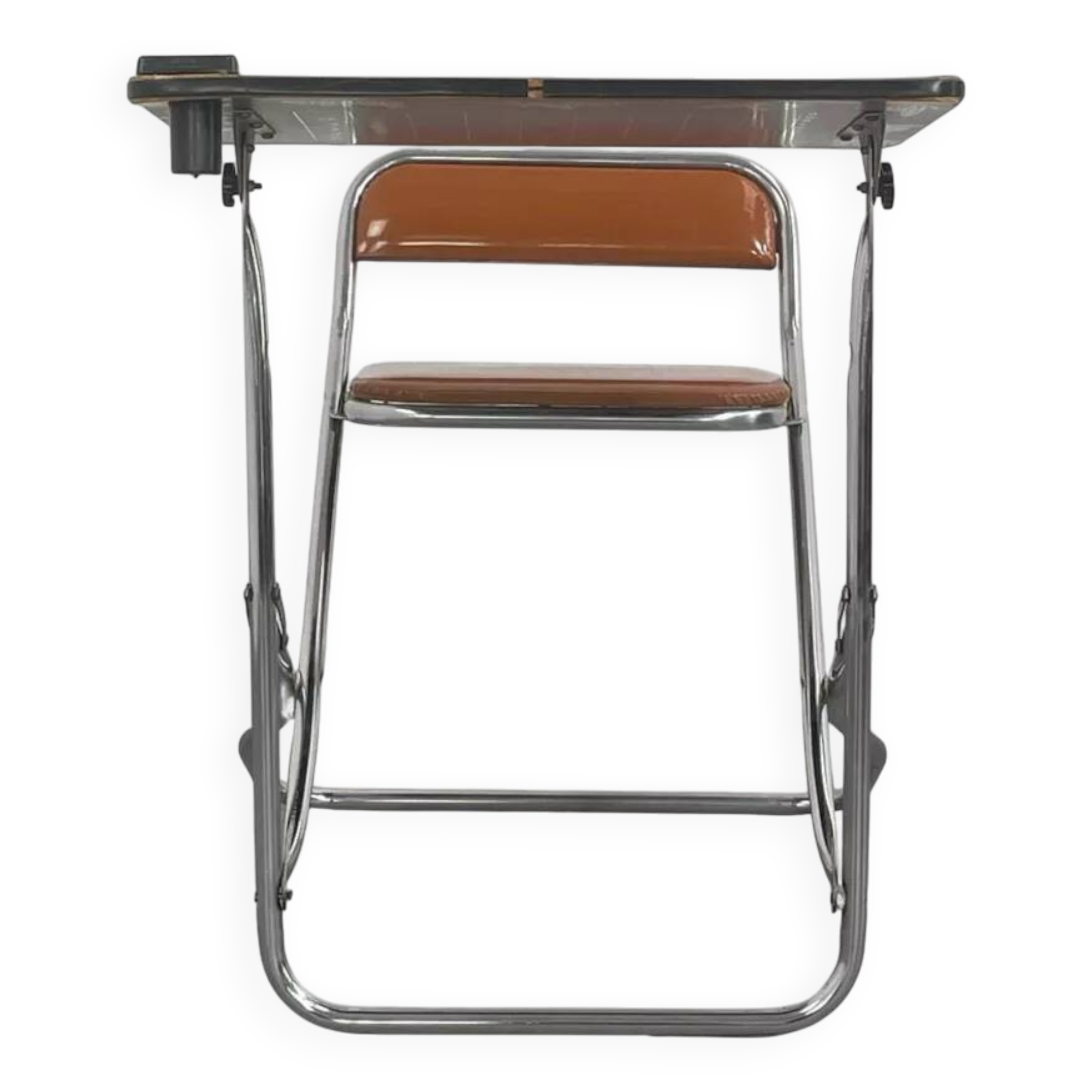 Vintage folding school desk with faux leather seat