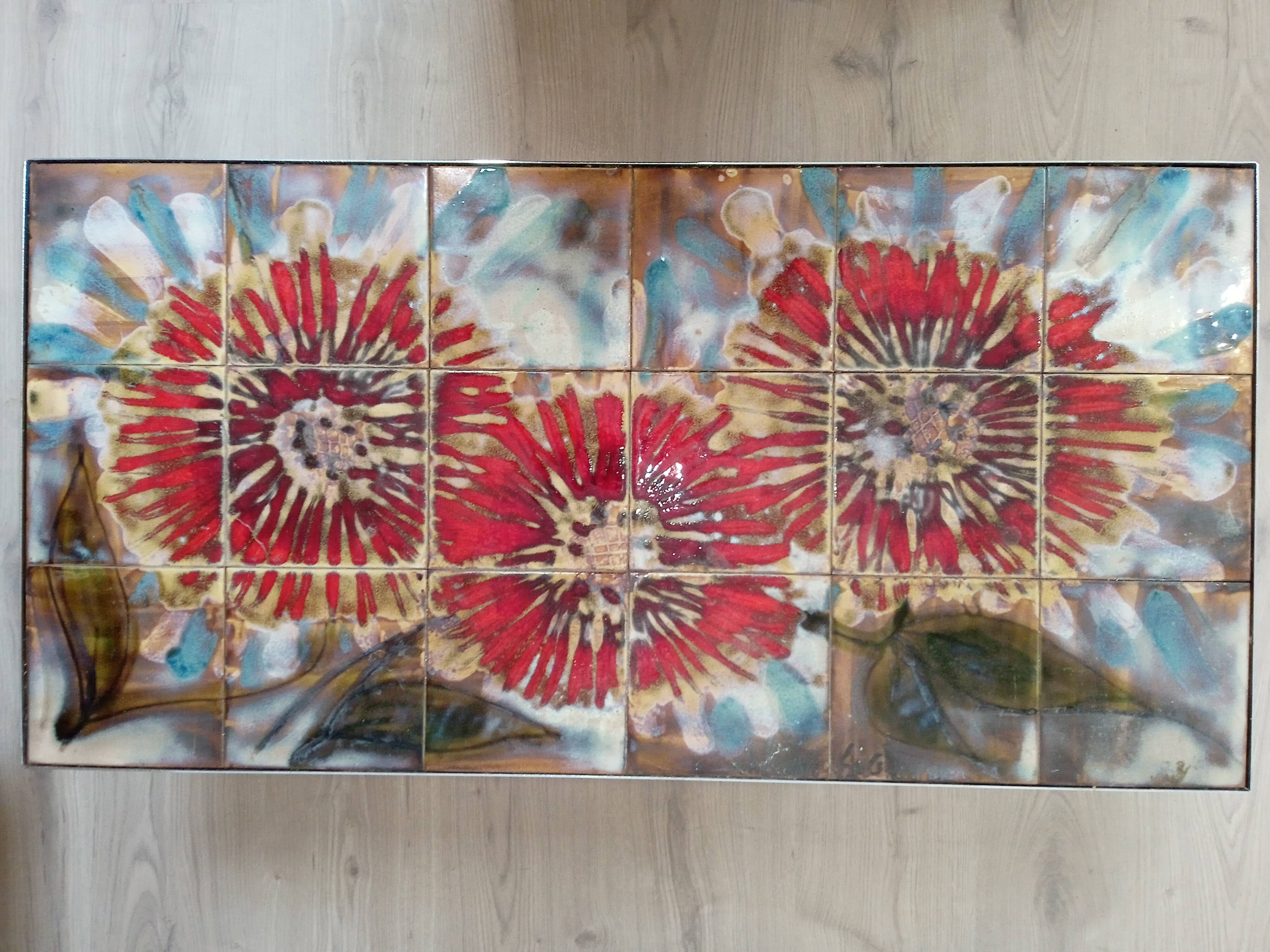 Vintage coffee table metal chrome annes 70 painted ceramic sign vallauris la grange