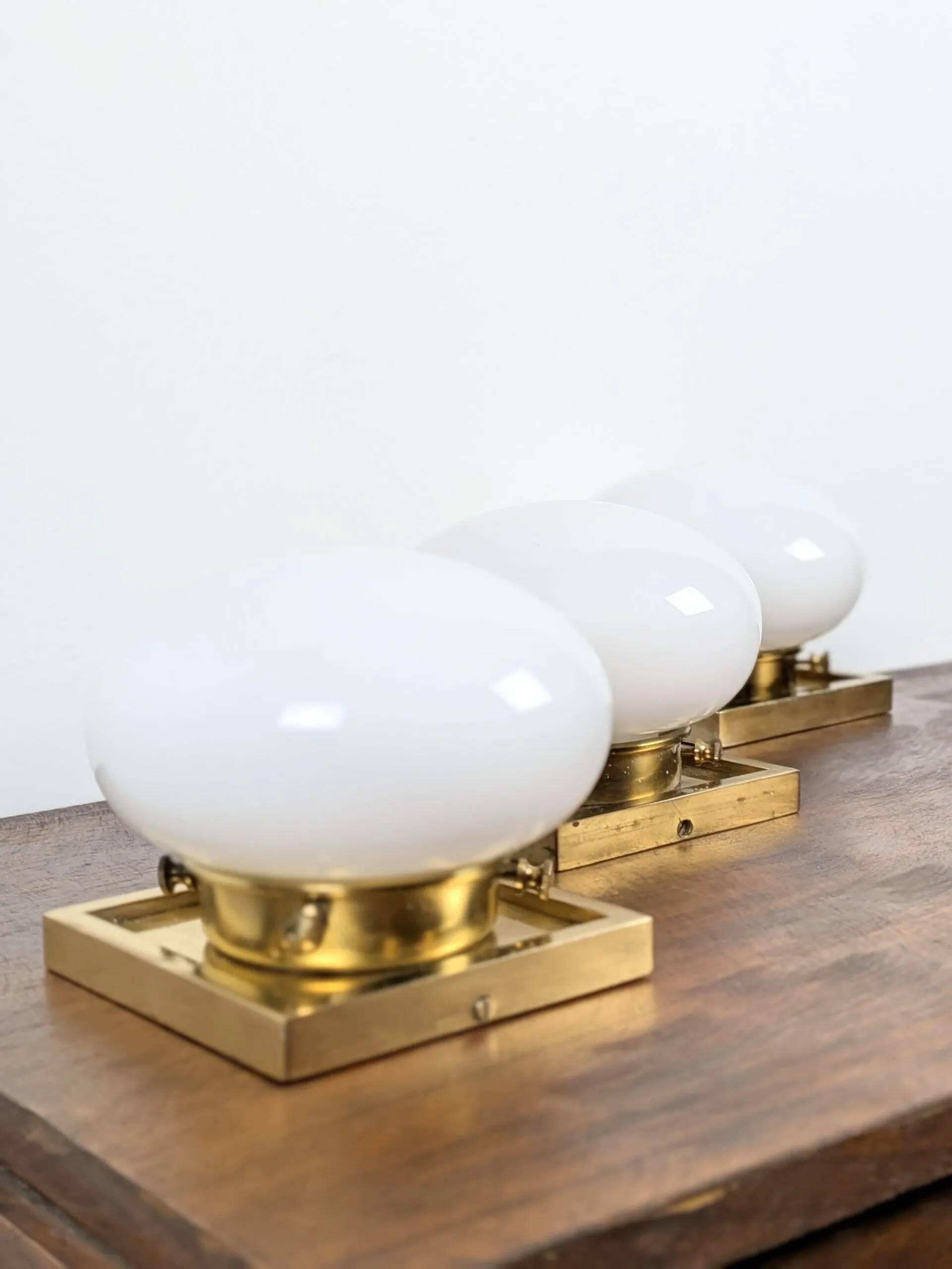 Set of 3 vintage wall lights – brass and opal glass (70s design)