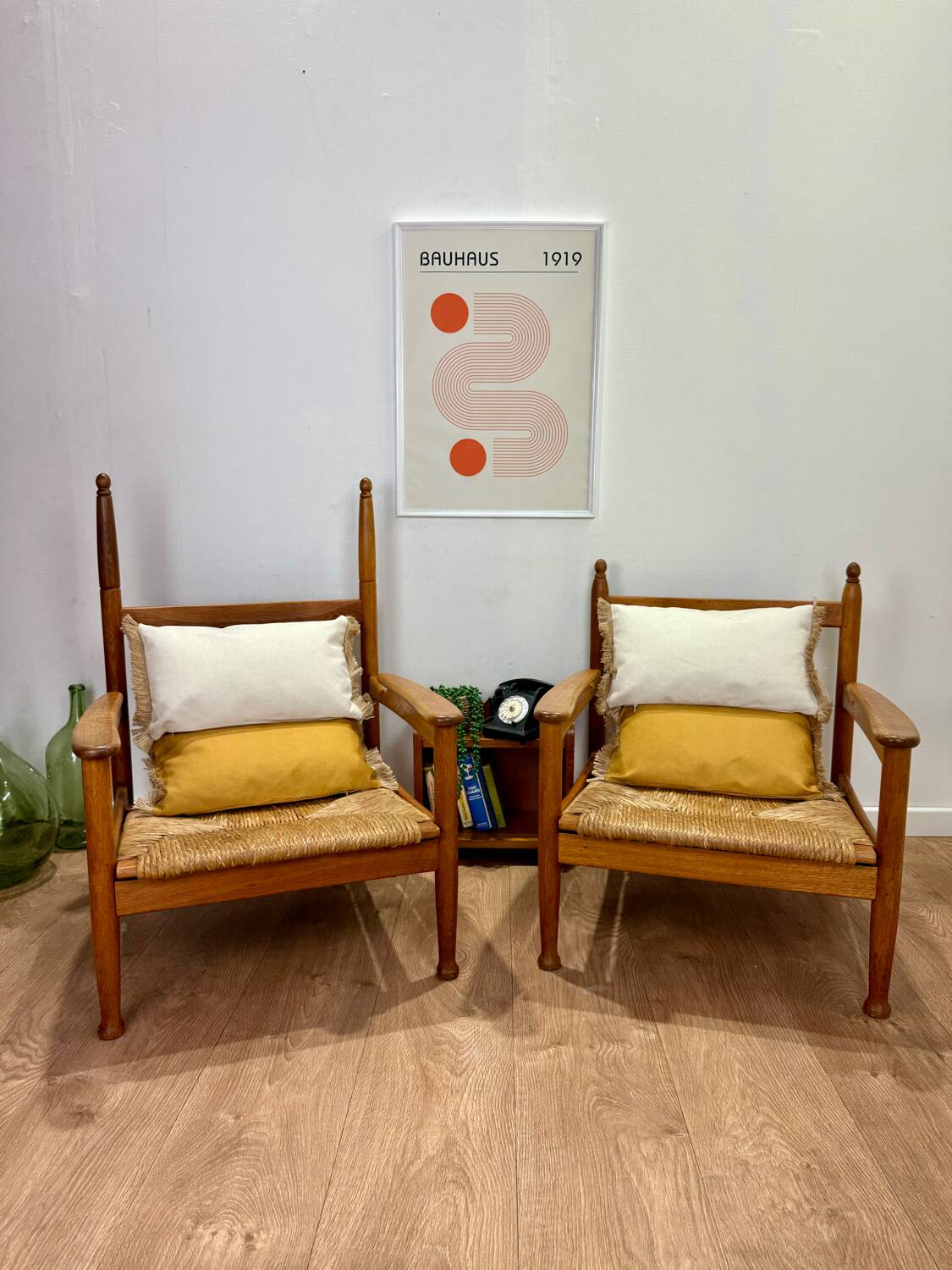 Pair of wooden and straw armchairs
