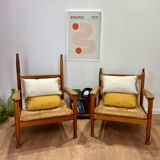 Pair of wooden and straw armchairs