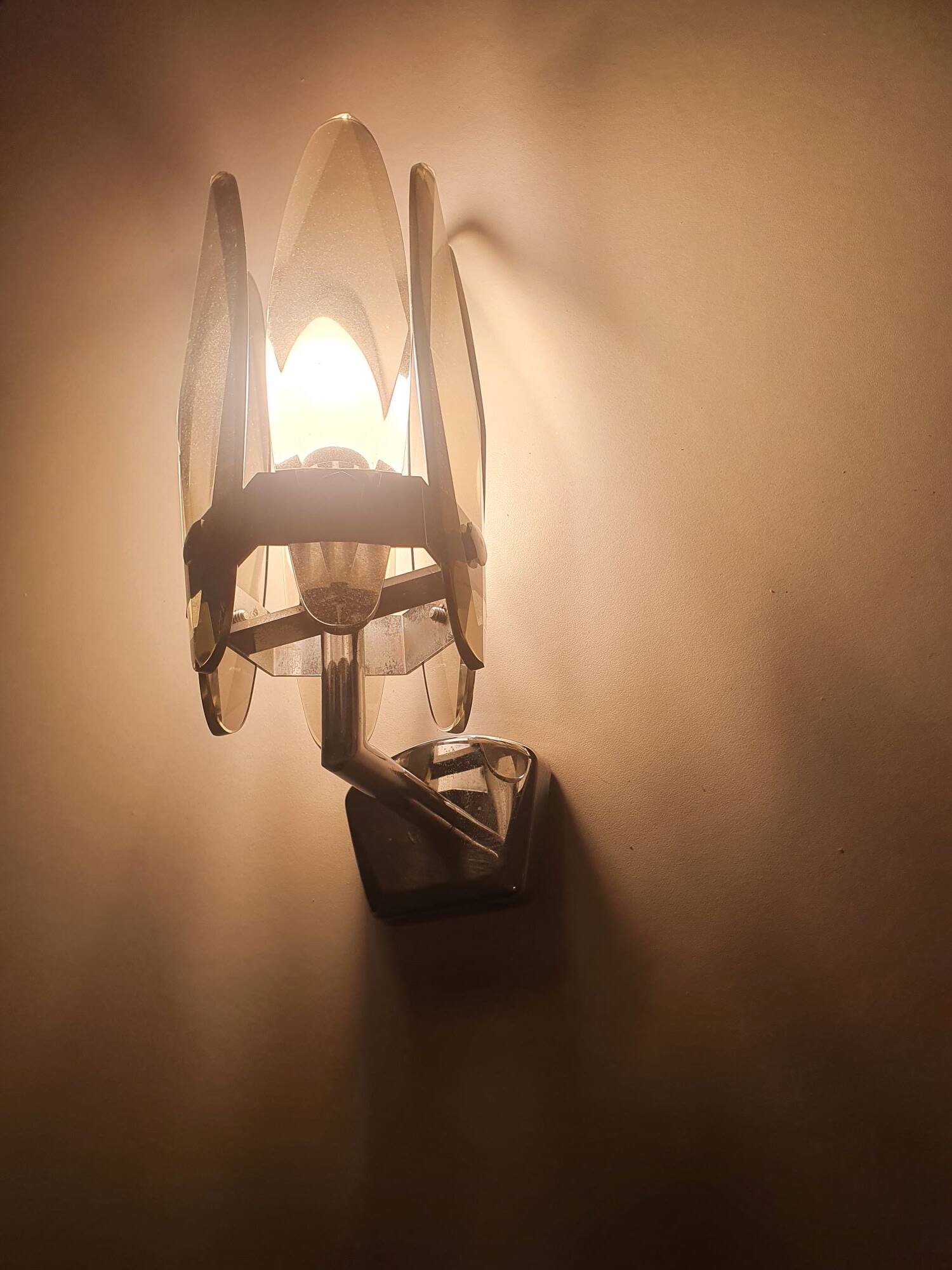 Pair of vintage Italian chrome wall sconces with smoked glass