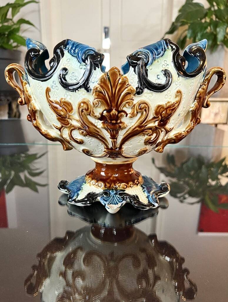 Glazed Earthenware Planter - Barbotine Early 20th Century - Ochre and Blue