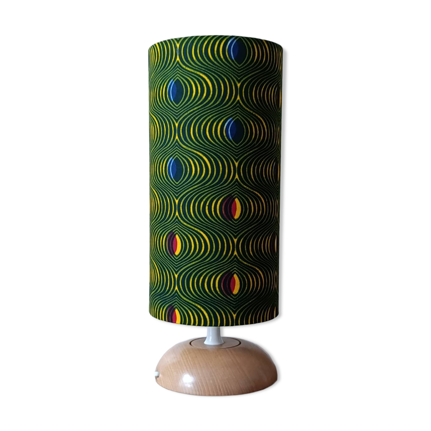 solid wood Scandinavian base lamp, hypnotic printed lampshade