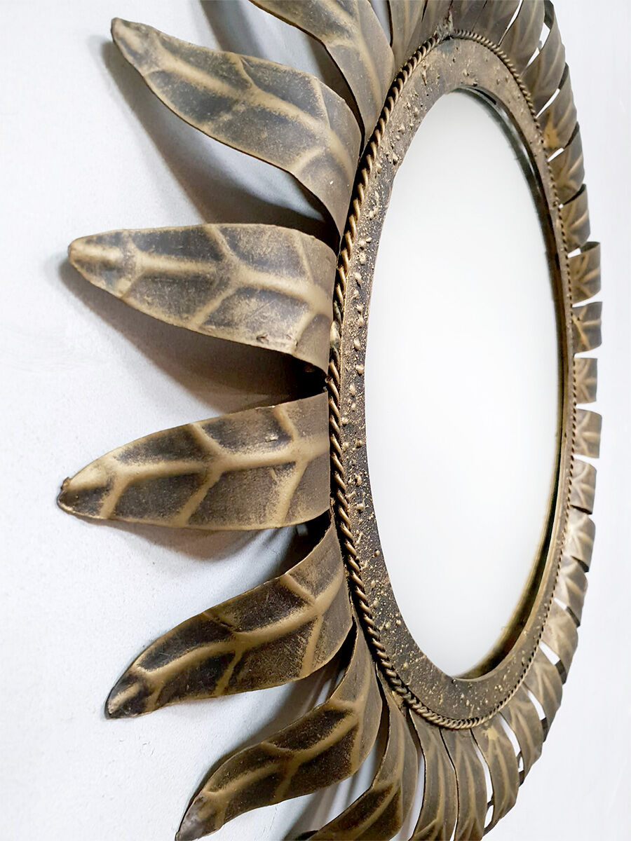 Midcentury French gold gilded leaf sunburst mirror
