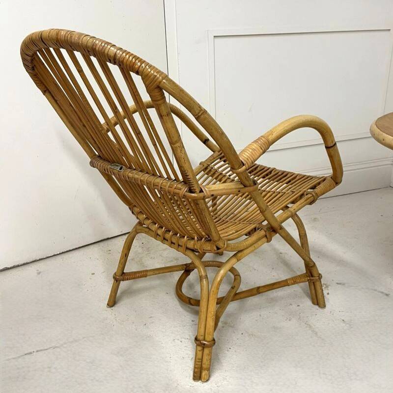 Audoux-Minnet rattan lounge set, 2 armchairs and table 1950-1960
