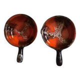 Vallauris frying pans with signed terracotta ceramic handle.
