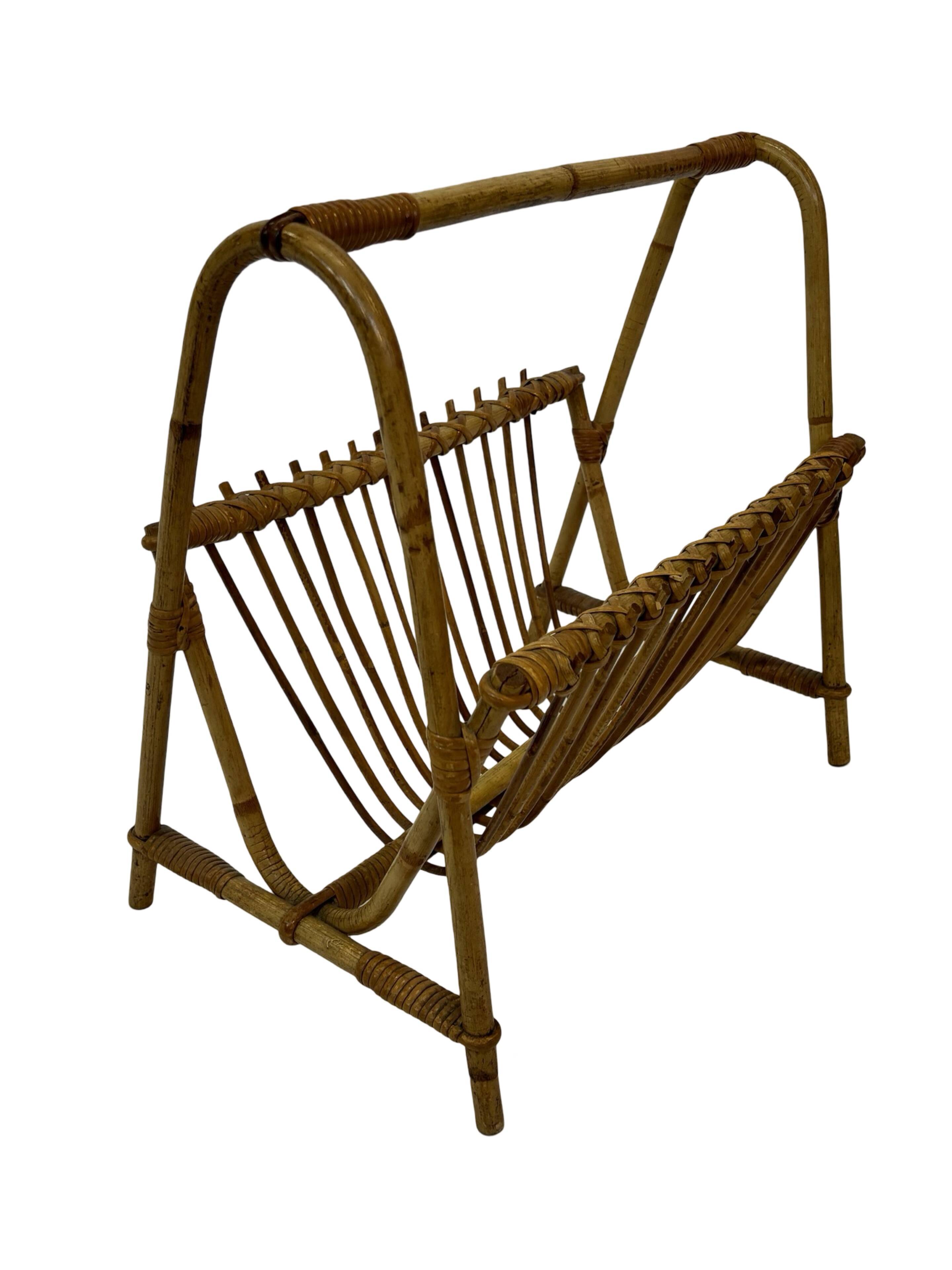Vintage Rattan Magazine Basket Newspaper Rack 60s Rohe