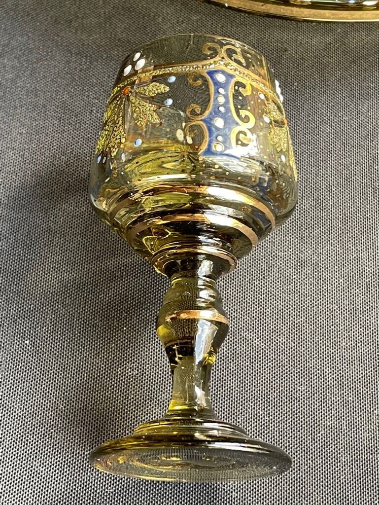 Amber crystal enamel and gilded liquor service