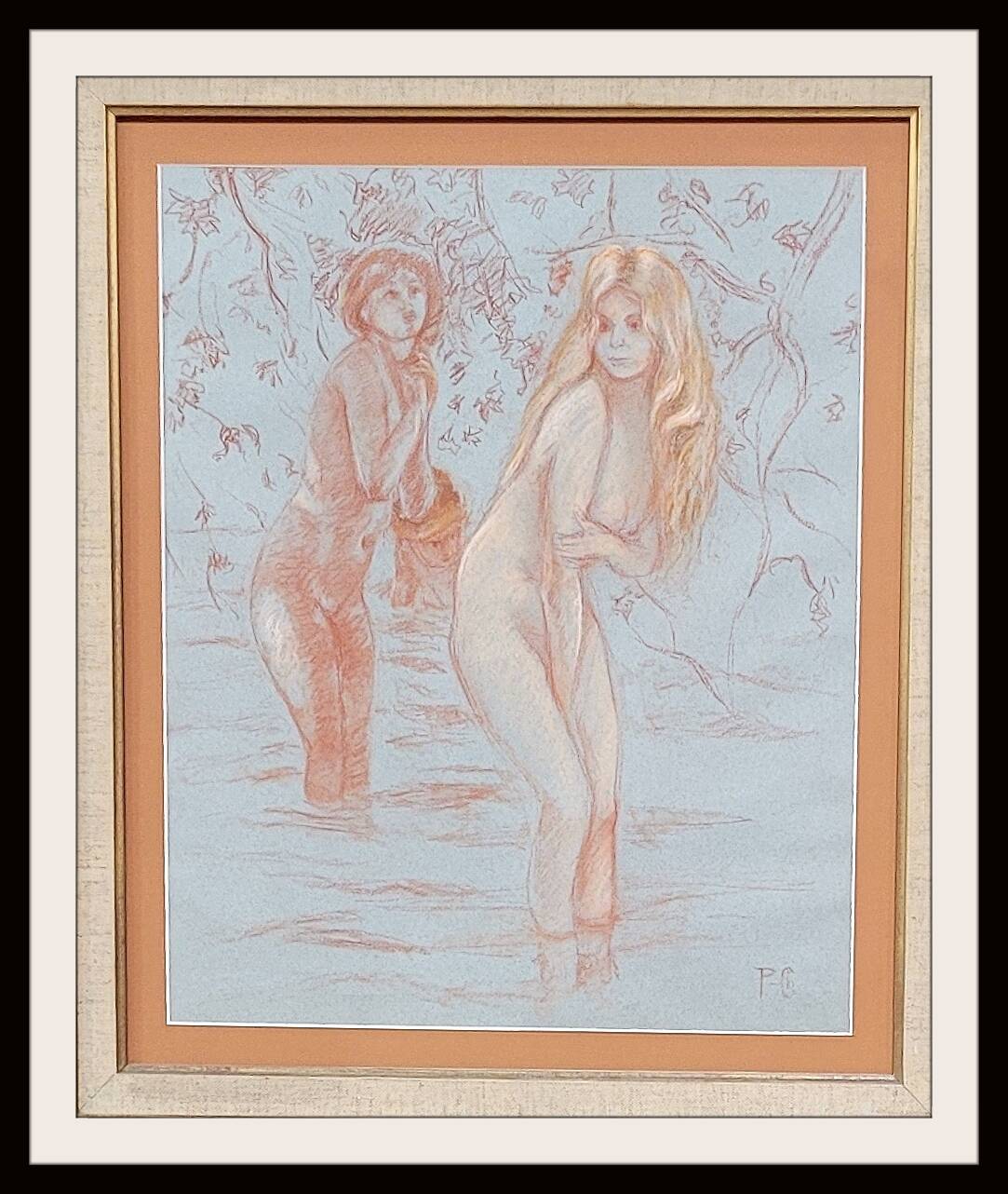 Drawing by Chabas - Two naked women bathing