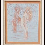 Drawing by Chabas - Two naked women bathing
