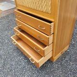 Secrétaire, bibliothèque vintage en rotin et chêne