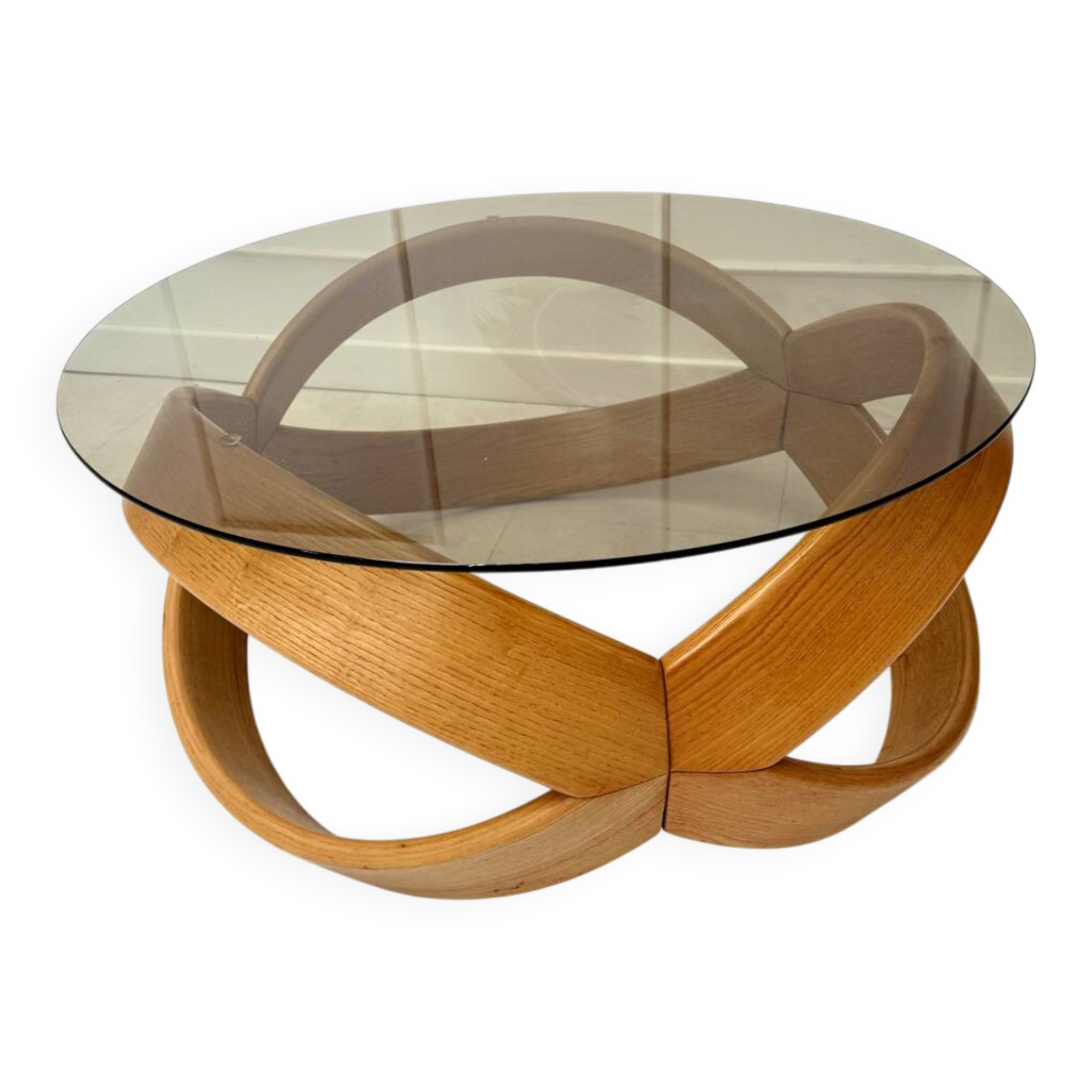 Smoked glass and curved wood coffee table