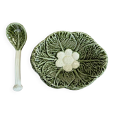 Sauce boat with its stand and spoon - cabbage leaf