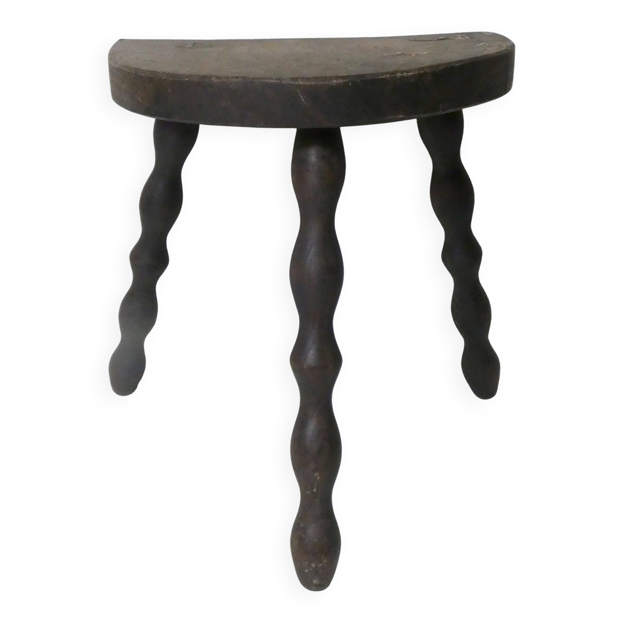 vintage half-moon solid wood turned beaded tripod stool