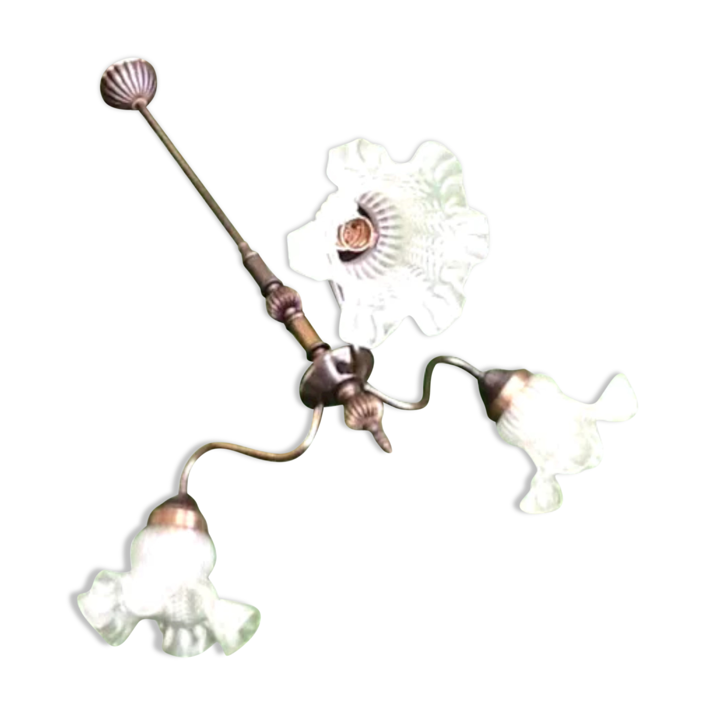 1970s Chandelier / Pendant lamp 3 arms of light Tulips with ruffles