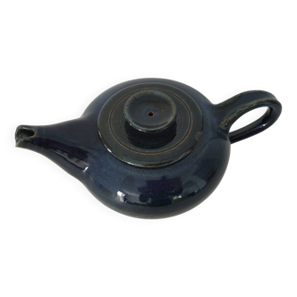 Blue glazed stoneware ceramic teapot Signed Pictogram Signature to identify