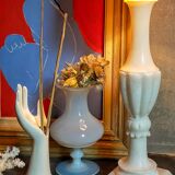 Alabaster table lamp, baluster foot, virgin wool lampshade