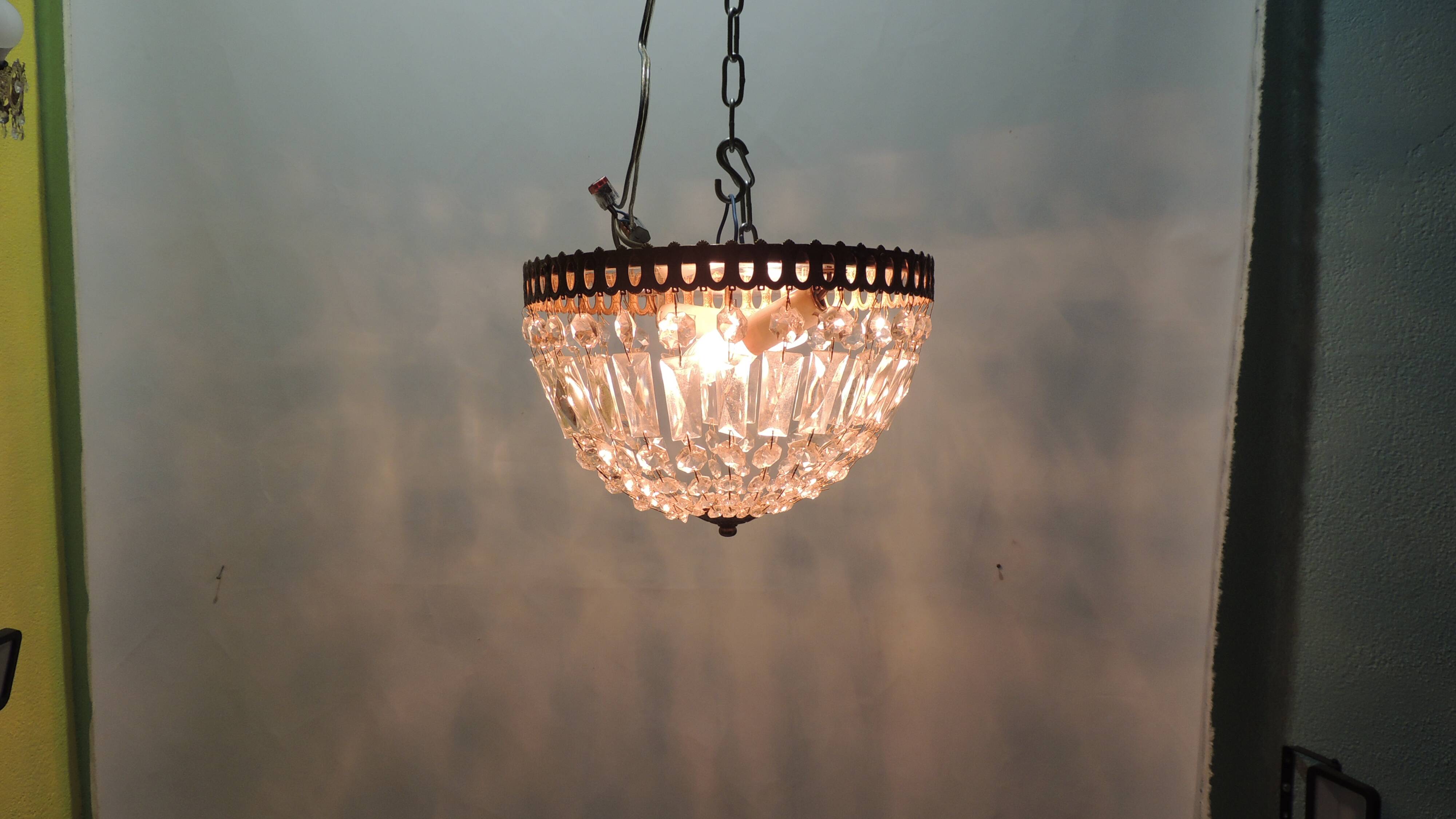 Antique crystal ceiling chandelier, Empire style, patinated gilt metal – pendant light