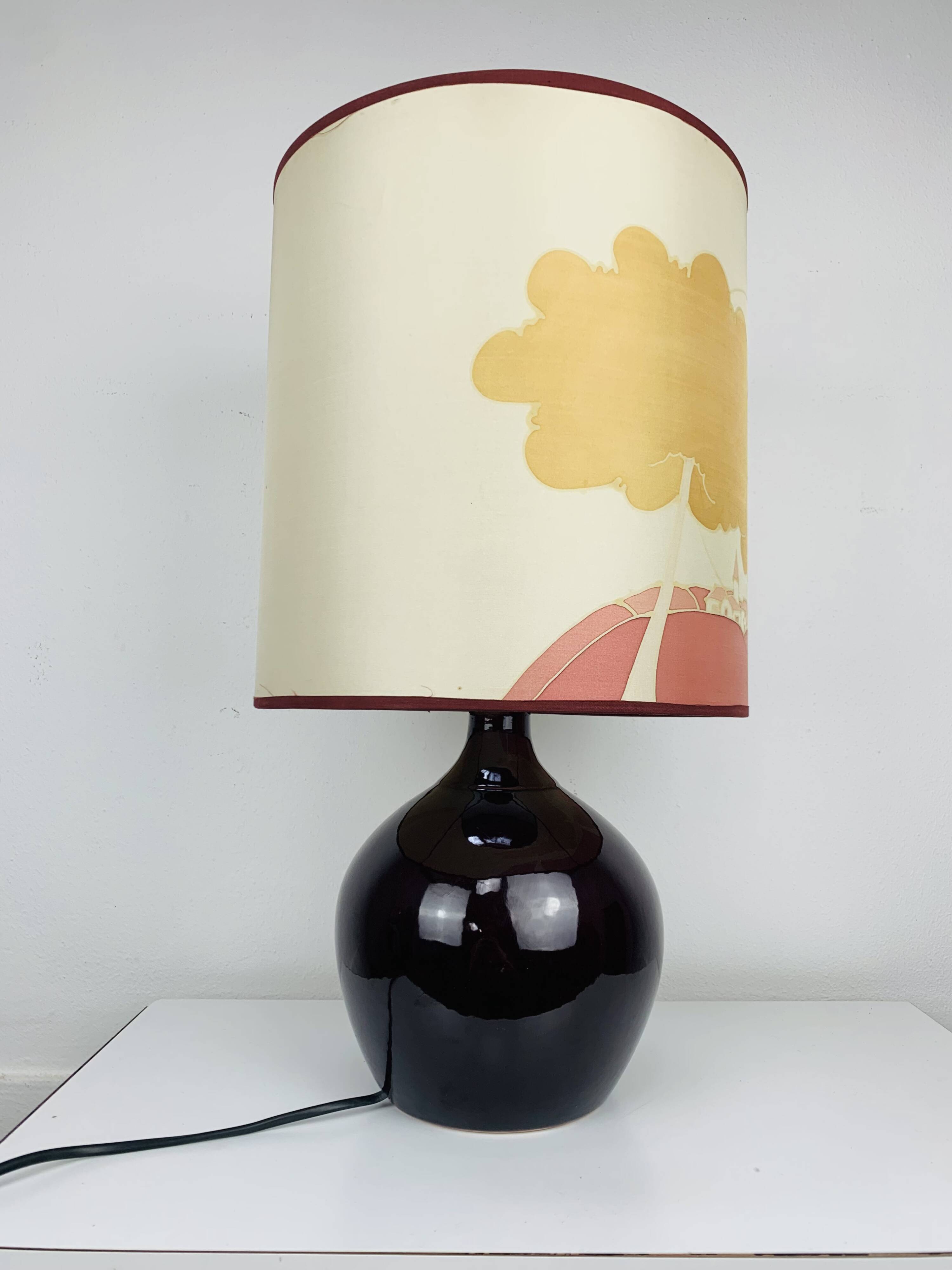 Purple ceramic ball lamp 55 cm from the 60s, silk lampshade