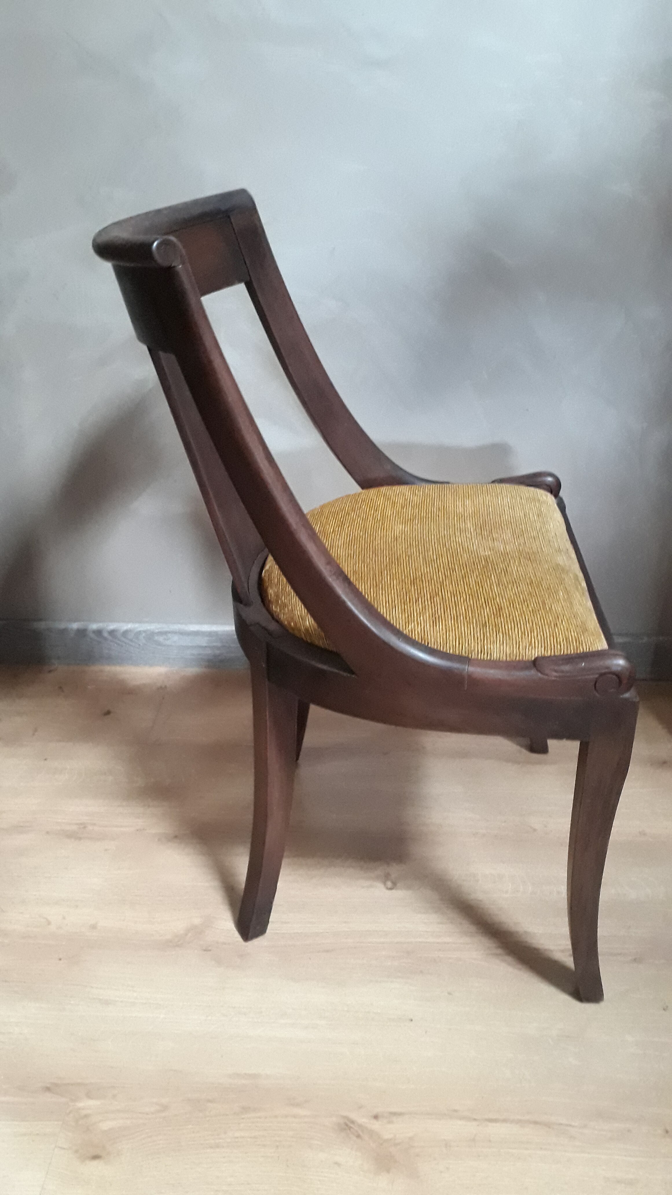 Old Empire-style gondola chair. Wooden chair - gold velvet. L48cm