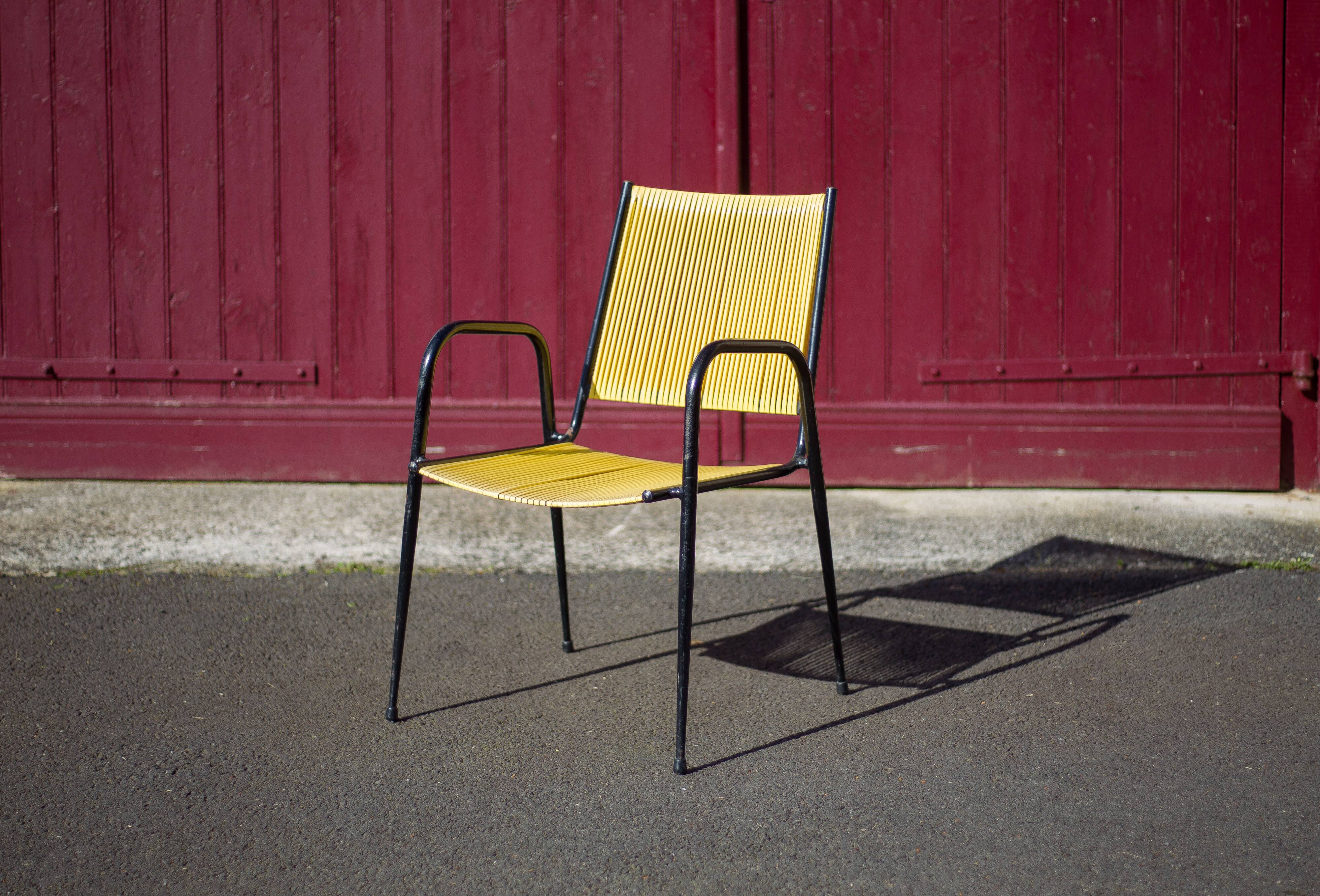 Scoubidou armchair, black metal armchair and yellow plastic wires, vintage chair