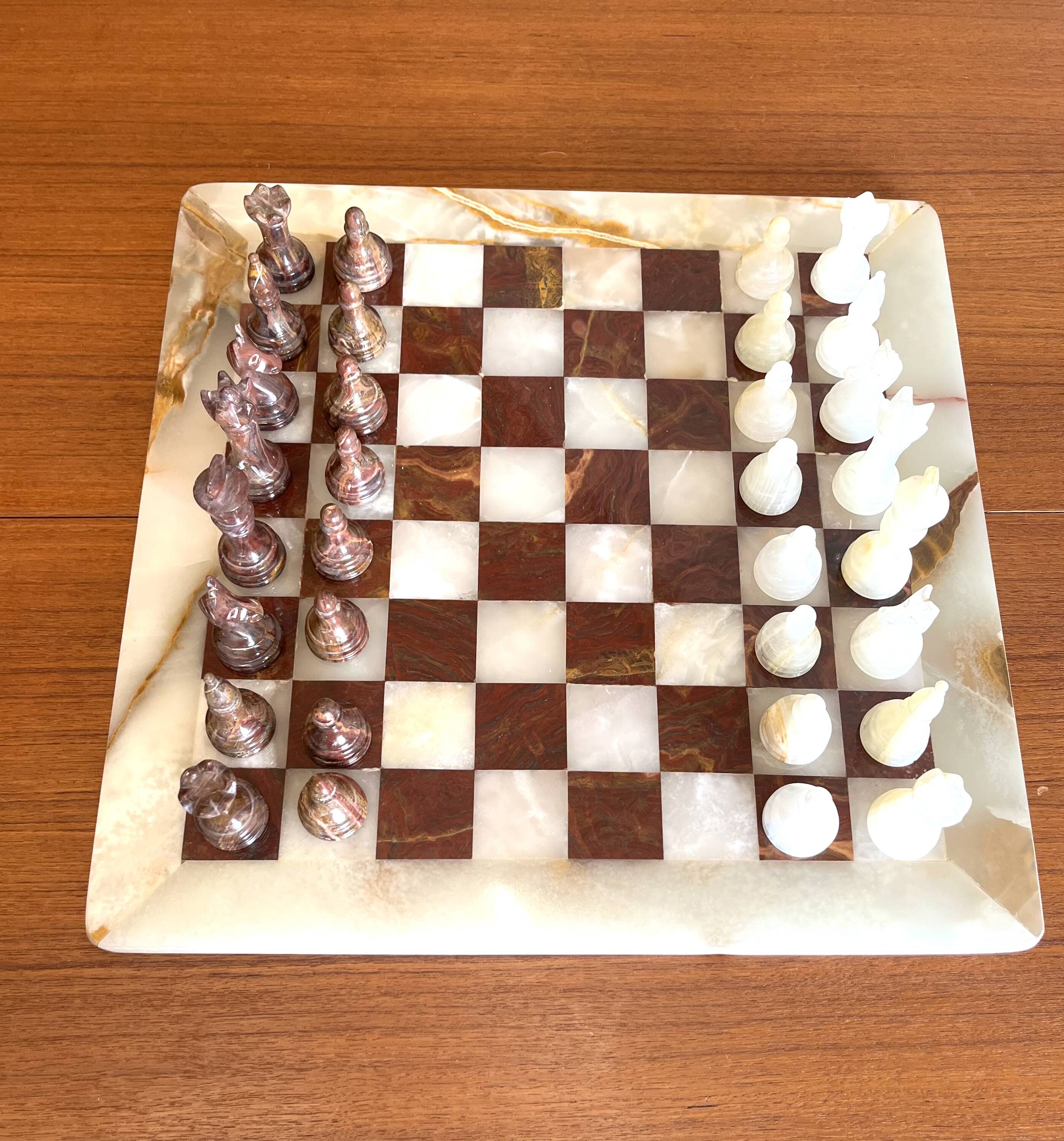 Vintage brown and white alabaster chess board hand carved pieces