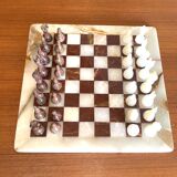 Vintage brown and white alabaster chess board hand carved pieces