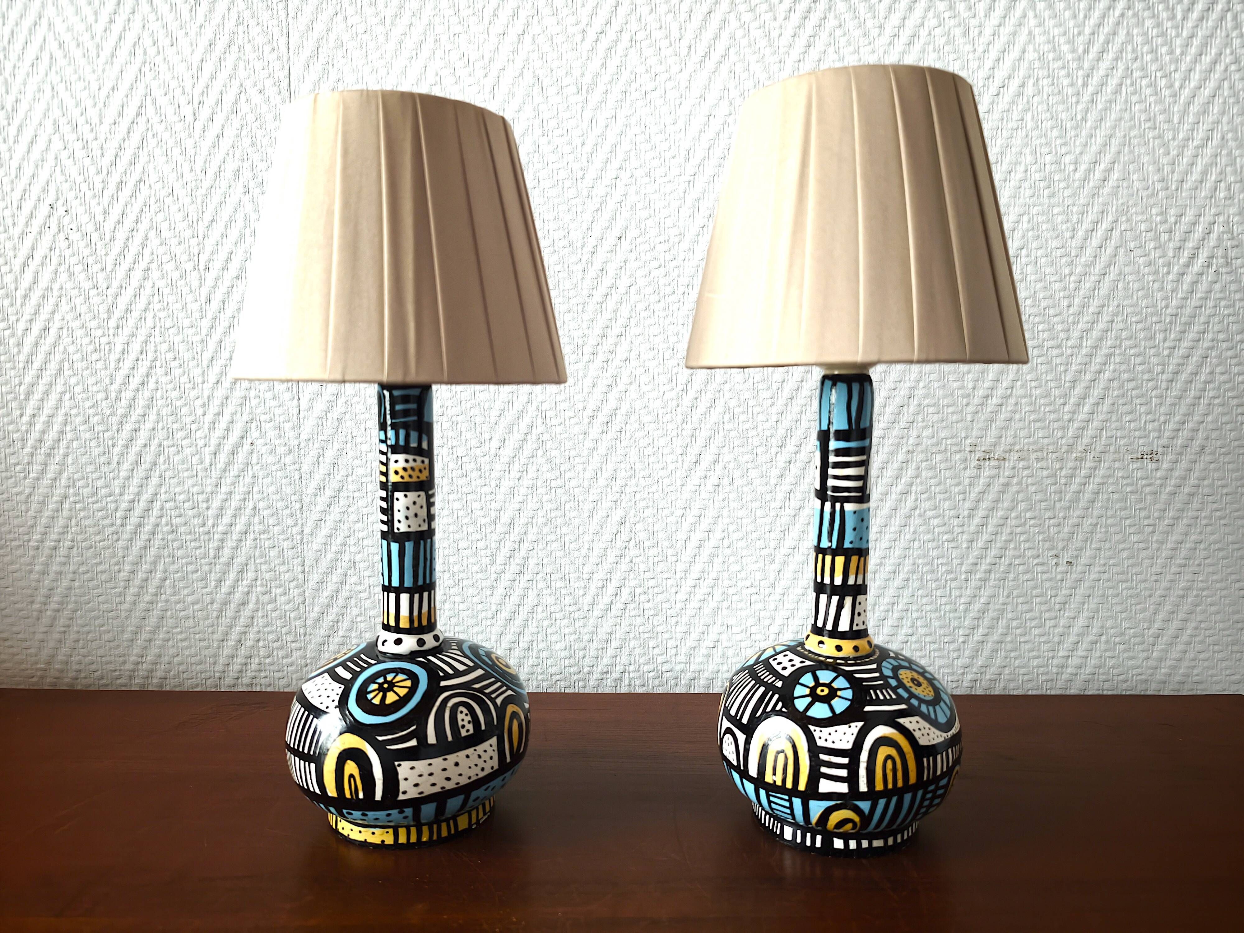 Pair of Spanish painted wooden lamps