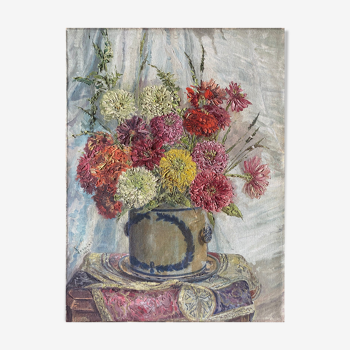 Tableau HSToile "Bouquet de fleurs" signé Desains 1947