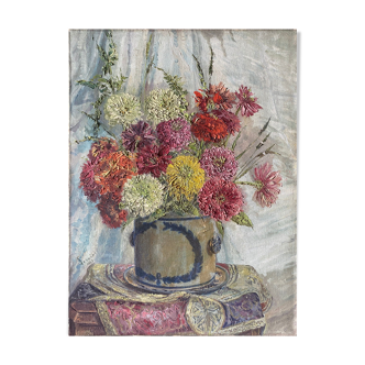 Painting HSToile "Bouquet of flowers" signed Desains 1947