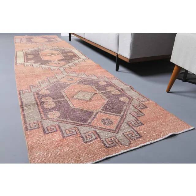 Vintage Turkish Hand-Knotted Wool Cotton Orange Runner 87x357