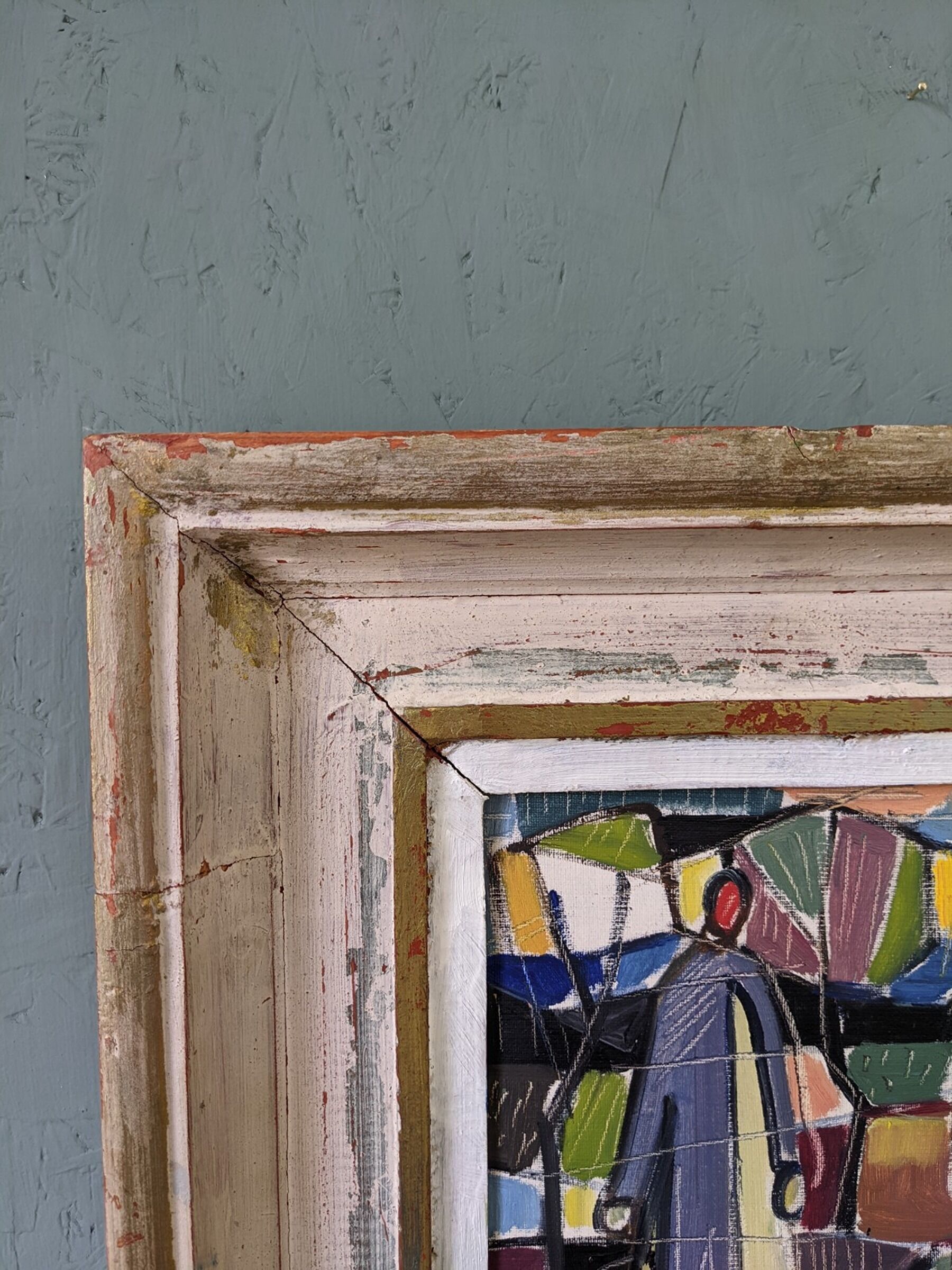 1951 Mid-Century Modern "Figures in Colour" Vintage Geometric Abstract Figurative Oil Painting, Fram