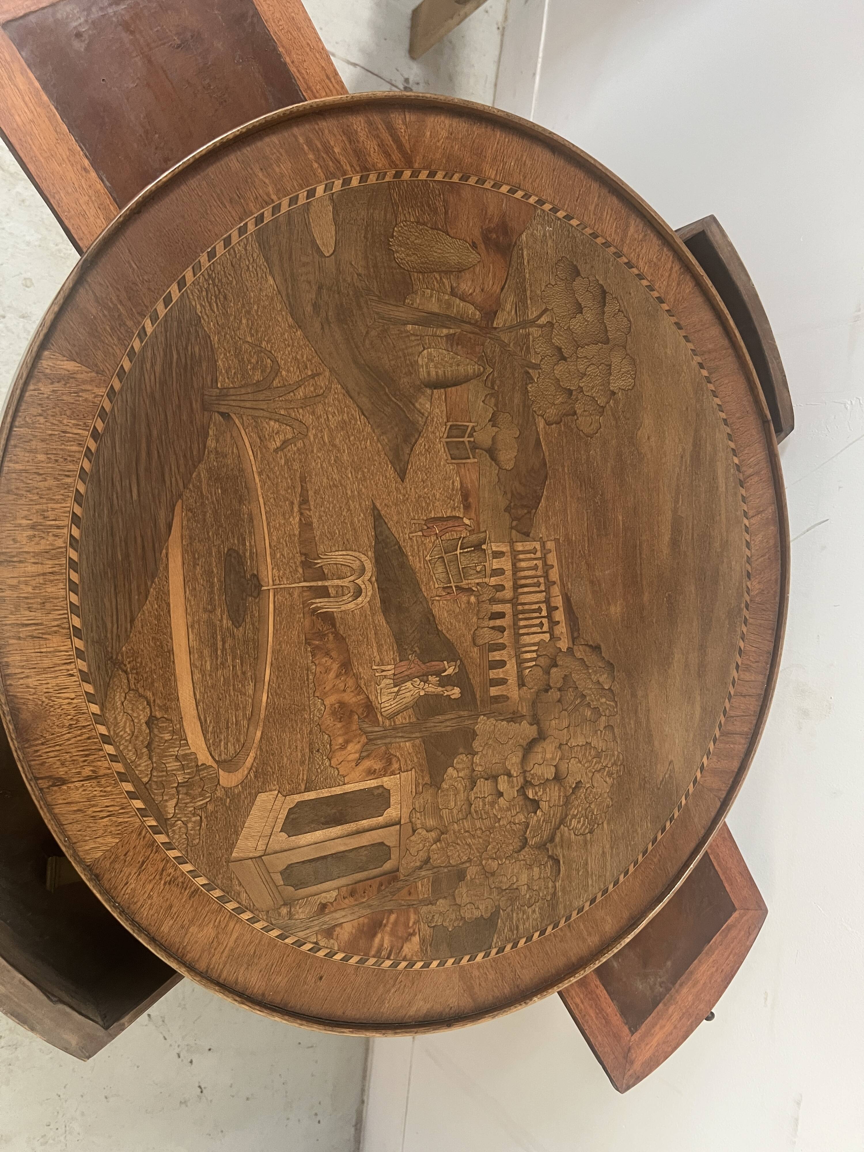 Louis XVI style marquetry pedestal table with removable top, 20th century
