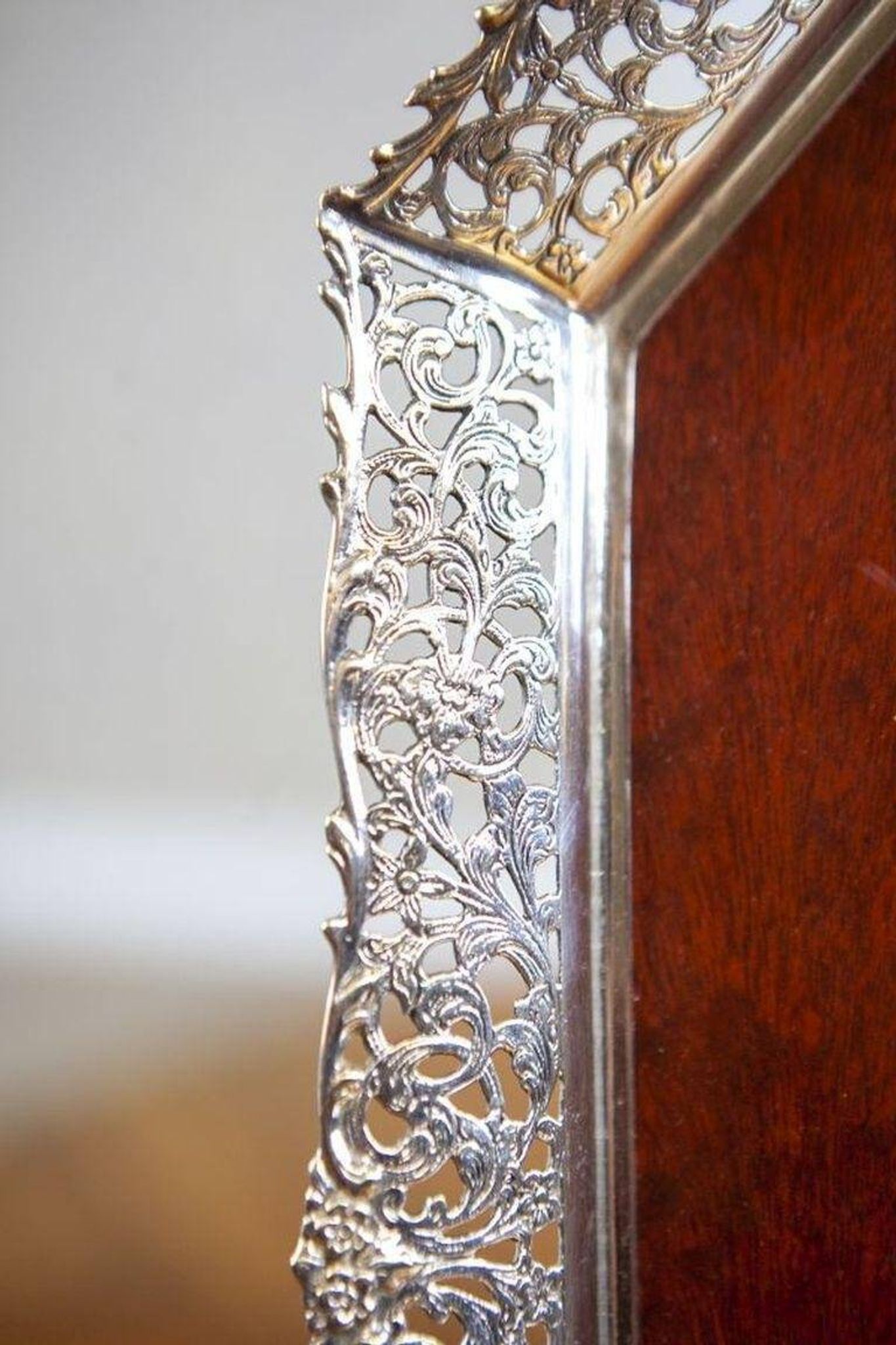 Early-20th Century Wooden Tray with Metal Openwork Border, 1950s