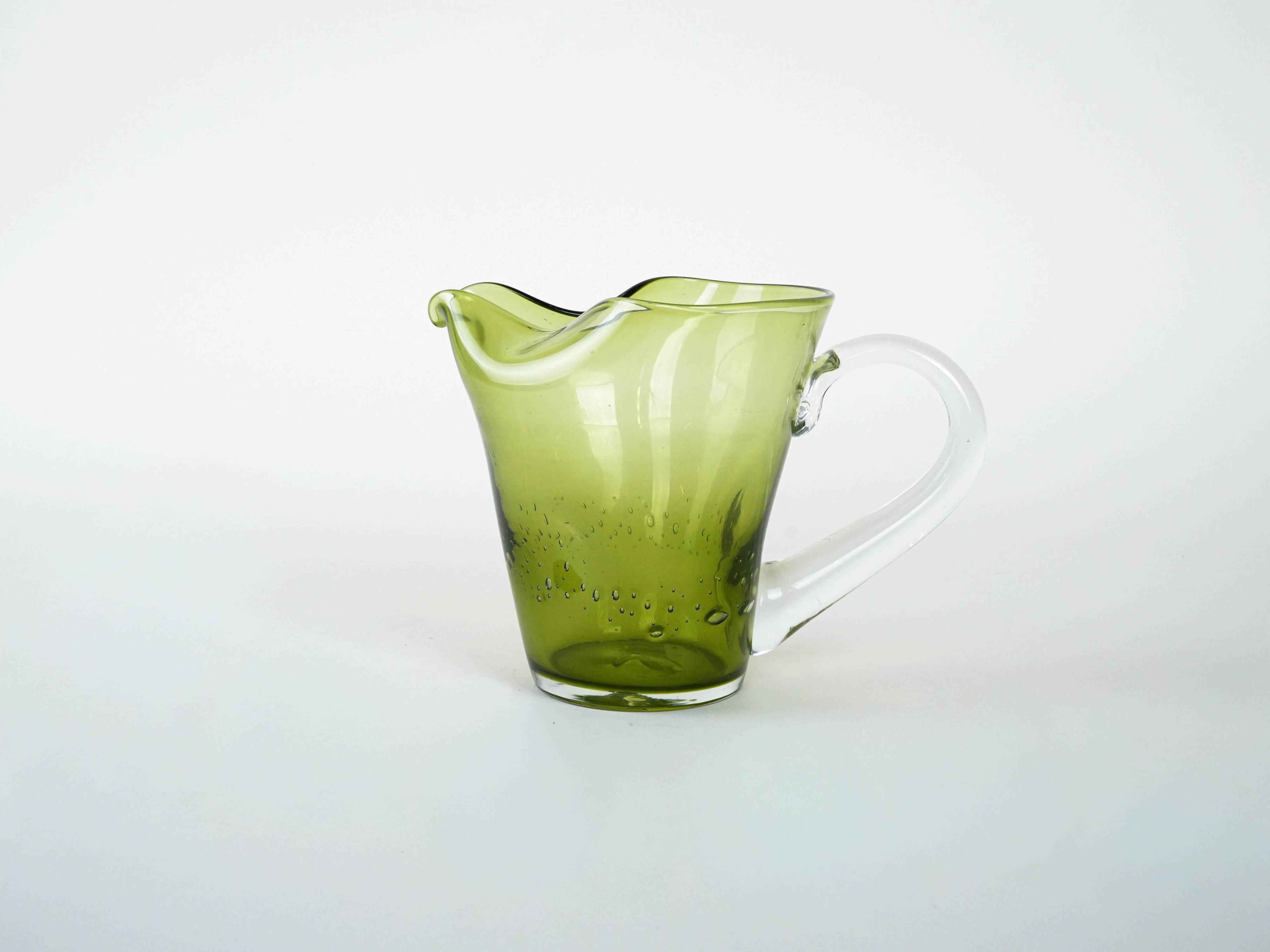 Olive green glass jug, Italian design, 1960s, made in Italy